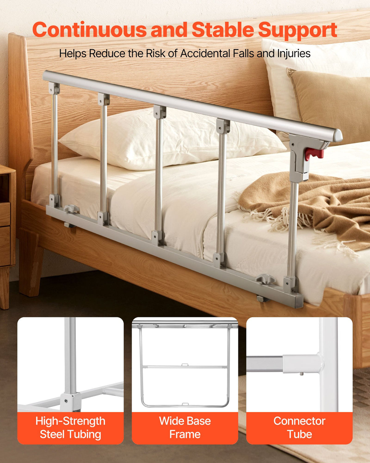 VEVOR Foldable Bed Rail for Elderly, 122 cm Bedside Assist Rail with Fixing Strap, Adjustable Height Pipe Bedside Cane, High-Strength Metal Senior Bed Bar, Hand Guard Grab Fits King, Queen, Full, Twin