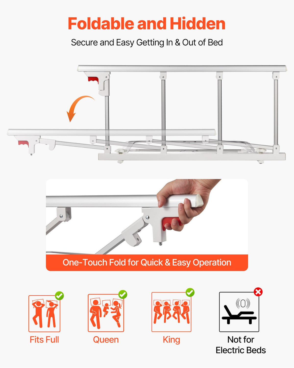 VEVOR Foldable Bed Rail for Elderly, 97 cm Bedside Assist Rail with Fixing Strap, Adjustable Height Pipe Bedside Cane, High-Strength Metal Senior Bed Bar, Hand Guard Grab Fits King, Queen, Full, Twin