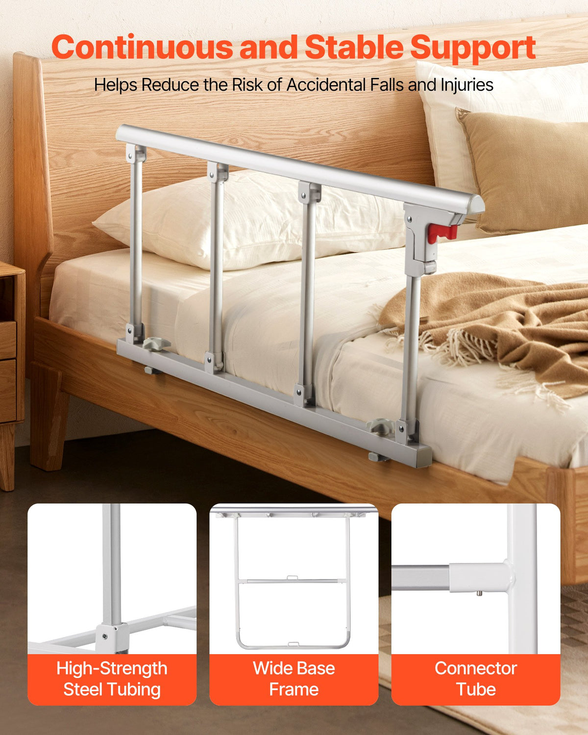 VEVOR Foldable Bed Rail for Elderly, 97 cm Bedside Assist Rail with Fixing Strap, Adjustable Height Pipe Bedside Cane, High-Strength Metal Senior Bed Bar, Hand Guard Grab Fits King, Queen, Full, Twin
