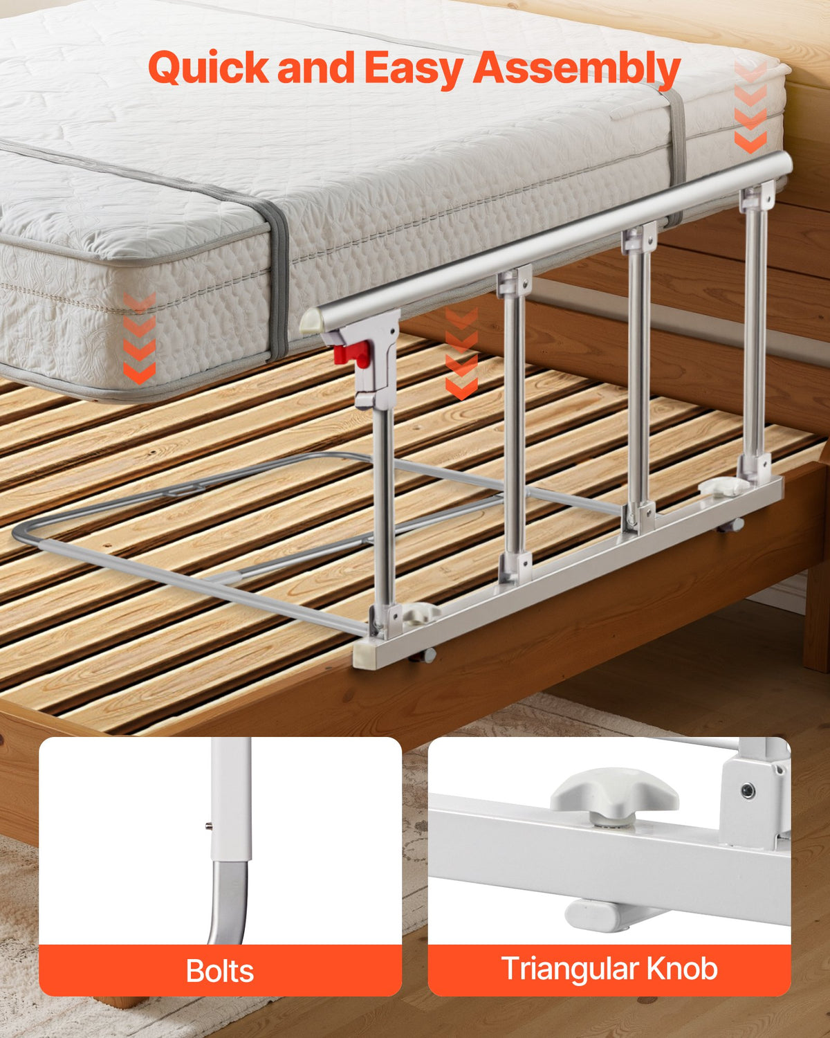 VEVOR Foldable Bed Rail for Elderly, 97 cm Bedside Assist Rail with Fixing Strap, Adjustable Height Pipe Bedside Cane, High-Strength Metal Senior Bed Bar, Hand Guard Grab Fits King, Queen, Full, Twin