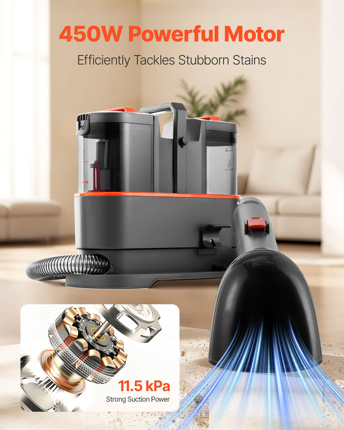 VEVOR Carpet Cleaner Machine, 1.5 L Clean Water Tank & 0.8 L Dirty Water Tank, Portable Upholstery Shampooer, 11.5Kpa Handheld Furniture Extractor, Spot and Stain Deep Cleaner for Rug, Couch, Car