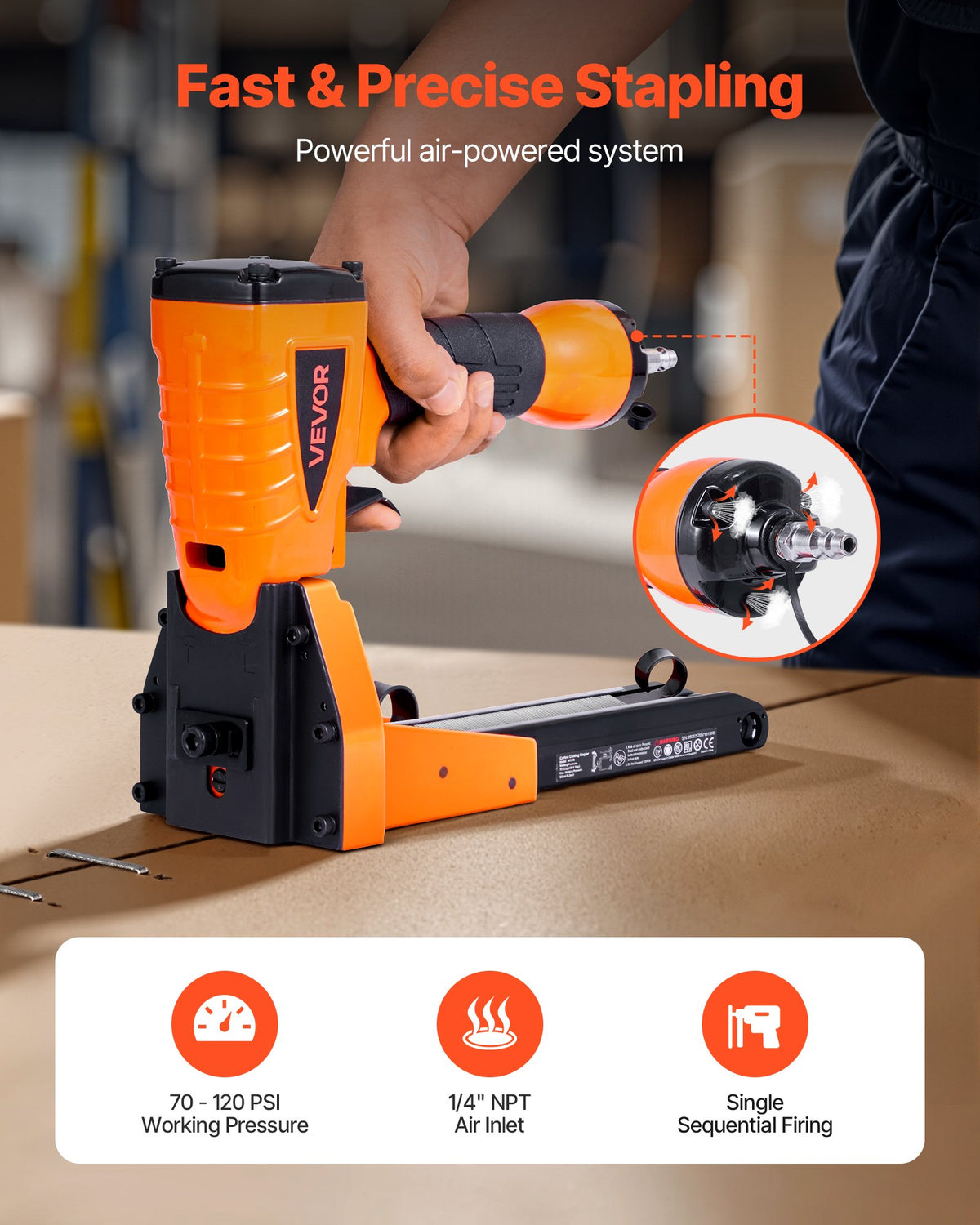 VEVOR Pneumatic Carton Closing Stapler, 13 Gauge Pneumatic Cardboard Staple Gun for 34.8mm Crown 16mm & 19mm Length, Depth-Adjustable 70-120 PSI Air Staple Gun for Boxes Carton Closing, Packaging