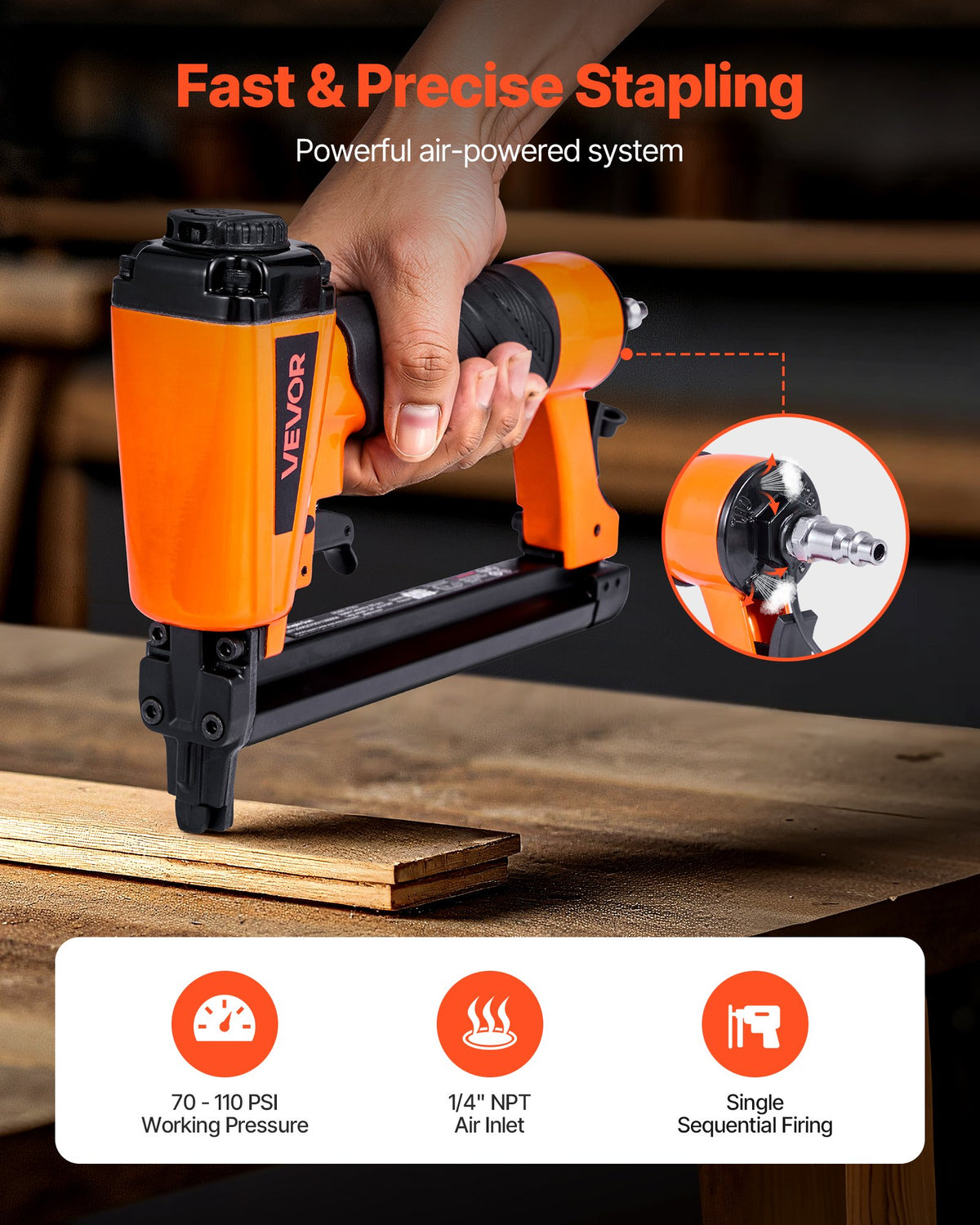 VEVOR Pneumatic Staple Gun, 20 Gauge T50 Pneumatic Upholstery Stapler for 10.8mm Crown 4mm-16mm Length Staples, 70-110 PSI Air Staple Gun for Woodworking, Upholstering, Fabric, Crafts, DIY Projects