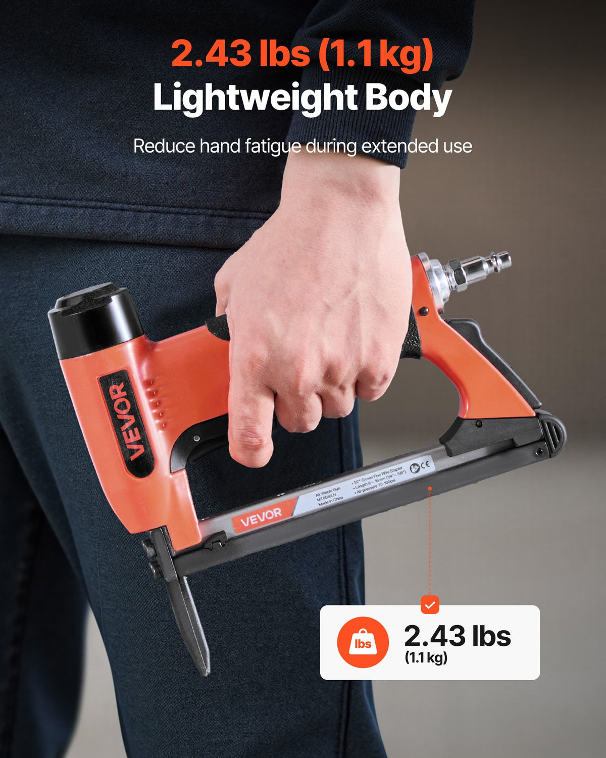 VEVOR Pneumatic Staple Gun, 21 Gauge Long-Nose Upholstery Stapler for 80 Series Fine Wire Staples 12.8mm Crown 6mm-16mm Length, Max 150PCS Loading Air Staple Gun for Upholstering, Woodworking, DIY