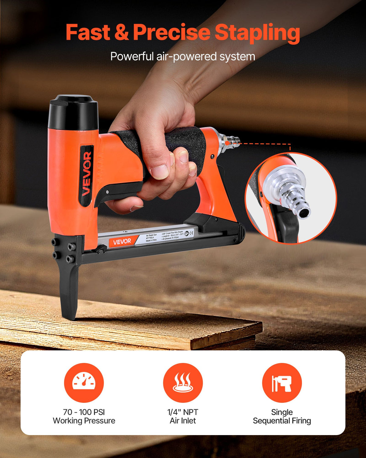 VEVOR Pneumatic Staple Gun, 22 Gauge Long-Nose Upholstery Stapler for 71 Series Fine Wire Staples 9.5mm Crown 6mm-16mm Length, Max 180PCS Loading Air Staple Gun for Upholstering, Woodworking, DIY