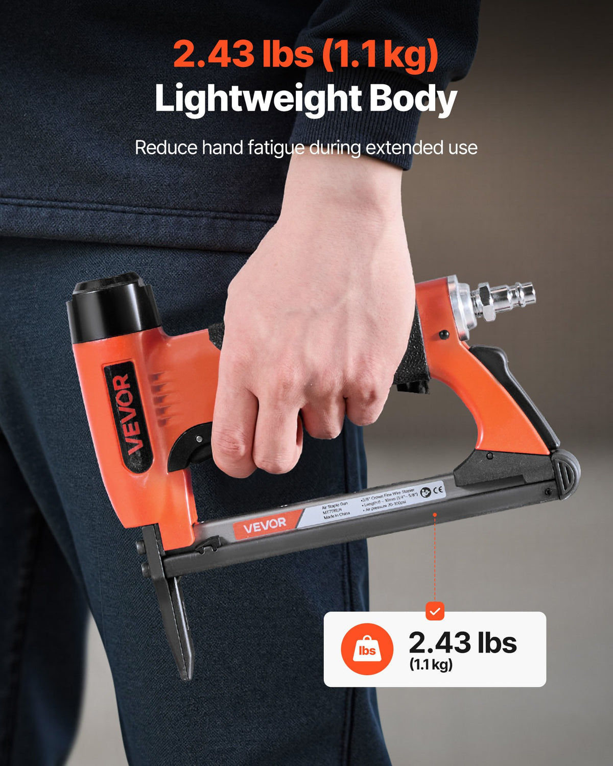 VEVOR Pneumatic Staple Gun, 22 Gauge Long-Nose Upholstery Stapler for 71 Series Fine Wire Staples 9.5mm Crown 6mm-16mm Length, Max 180PCS Loading Air Staple Gun for Upholstering, Woodworking, DIY