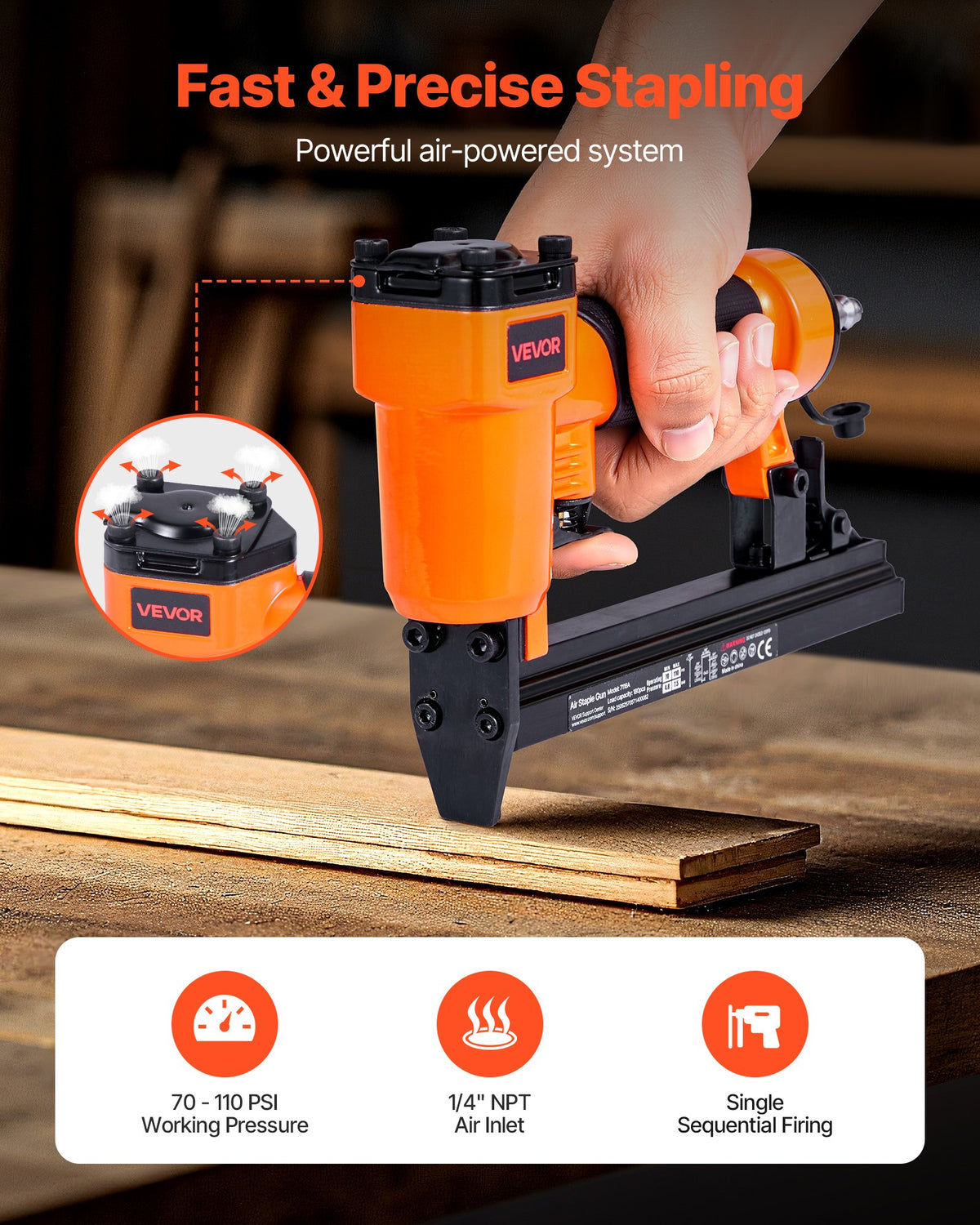 VEVOR Pneumatic Staple Gun, 22 Gauge Pneumatic Upholstery Stapler for 71 Series Fine Wire Staples 9.1mm Crown 4mm-16mm Length, 70-110 PSI Air Staple Gun for Woodworking, Upholstering, DIY Project