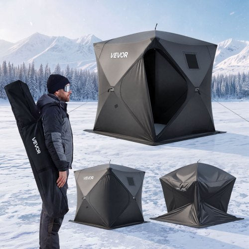 VEVOR Pop Up Ice Fishing Tent 3-4 Person 2.28x2.28x1.95 m Portable Shelter, for Winter Fishing, 5.39 m² Area, 300D Oxford Fabric Hub-Style Shanty, Ice Cube with Anchors, Ropes, Carrying Bag, Black