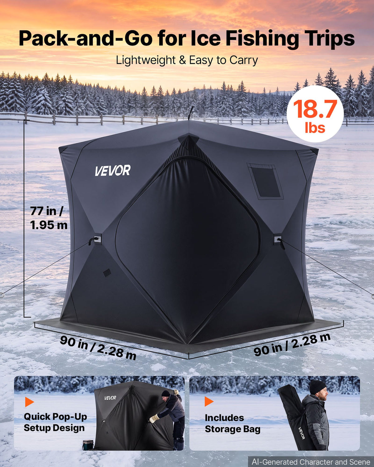 VEVOR Pop Up Ice Fishing Tent 3-4 Person 2.28x2.28x1.95 m Portable Shelter, for Winter Fishing, 5.39 m² Area, 300D Oxford Fabric Hub-Style Shanty, Ice Cube with Anchors, Ropes, Carrying Bag, Black