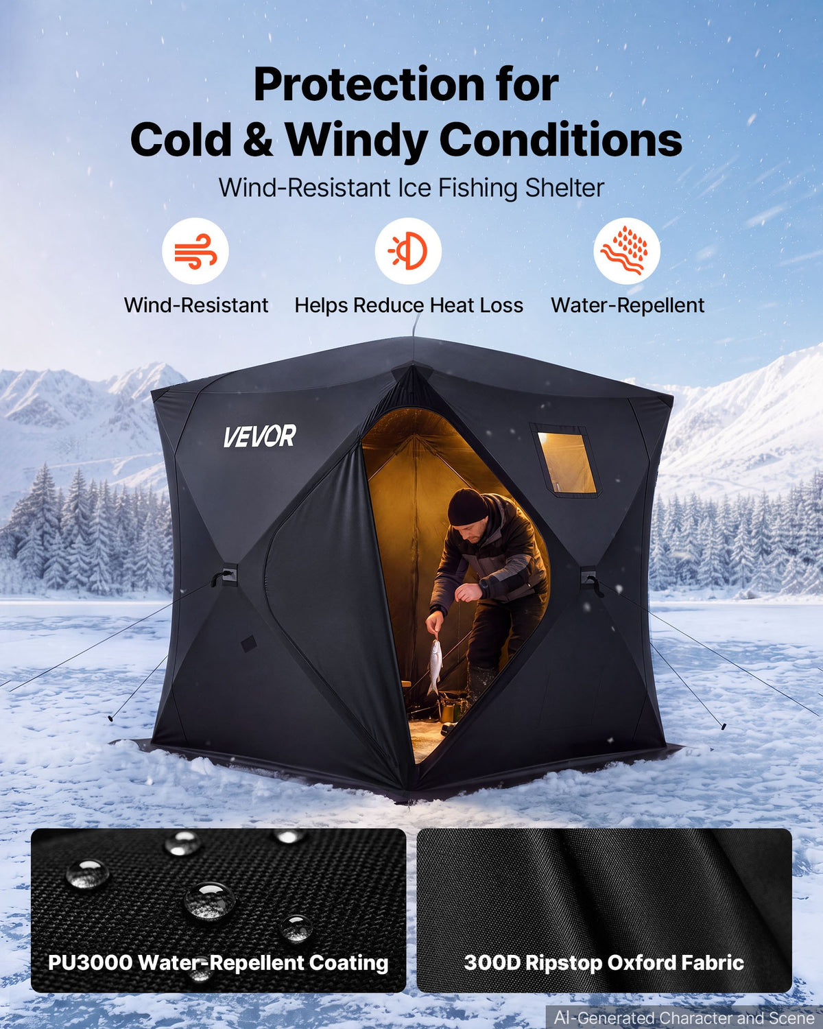 VEVOR Pop Up Ice Fishing Tent 3-4 Person 2.28x2.28x1.95 m Portable Shelter, for Winter Fishing, 5.39 m² Area, 300D Oxford Fabric Hub-Style Shanty, Ice Cube with Anchors, Ropes, Carrying Bag, Black