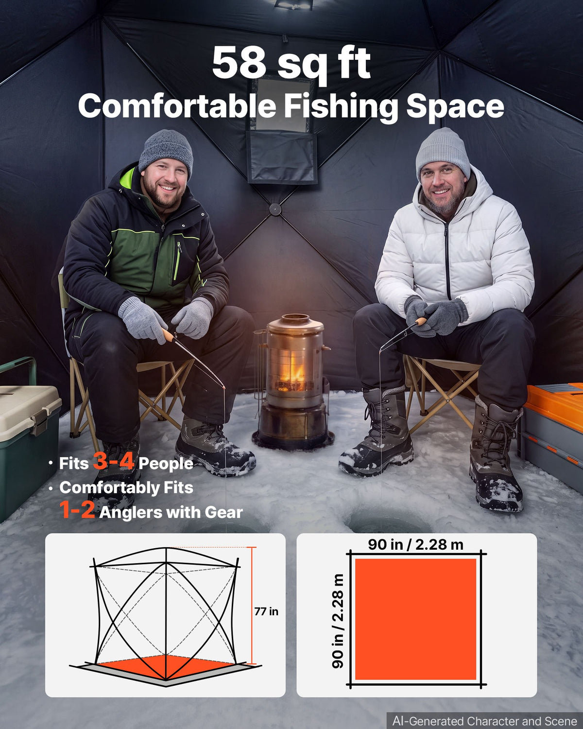 VEVOR Pop Up Ice Fishing Tent 3-4 Person 2.28x2.28x1.95 m Portable Shelter, for Winter Fishing, 5.39 m² Area, 300D Oxford Fabric Hub-Style Shanty, Ice Cube with Anchors, Ropes, Carrying Bag, Black