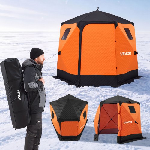 VEVOR Pop Up Ice Fishing Tent 4-6 Person 2.43x2.43x2.15 m Insulated Shelter, for Winter Fishing, 3.74 m² Area, 600D 4-Layer Fabric, Portable Hub-Style Shanty Cube with Anchors, Ropes & Carrying Bag