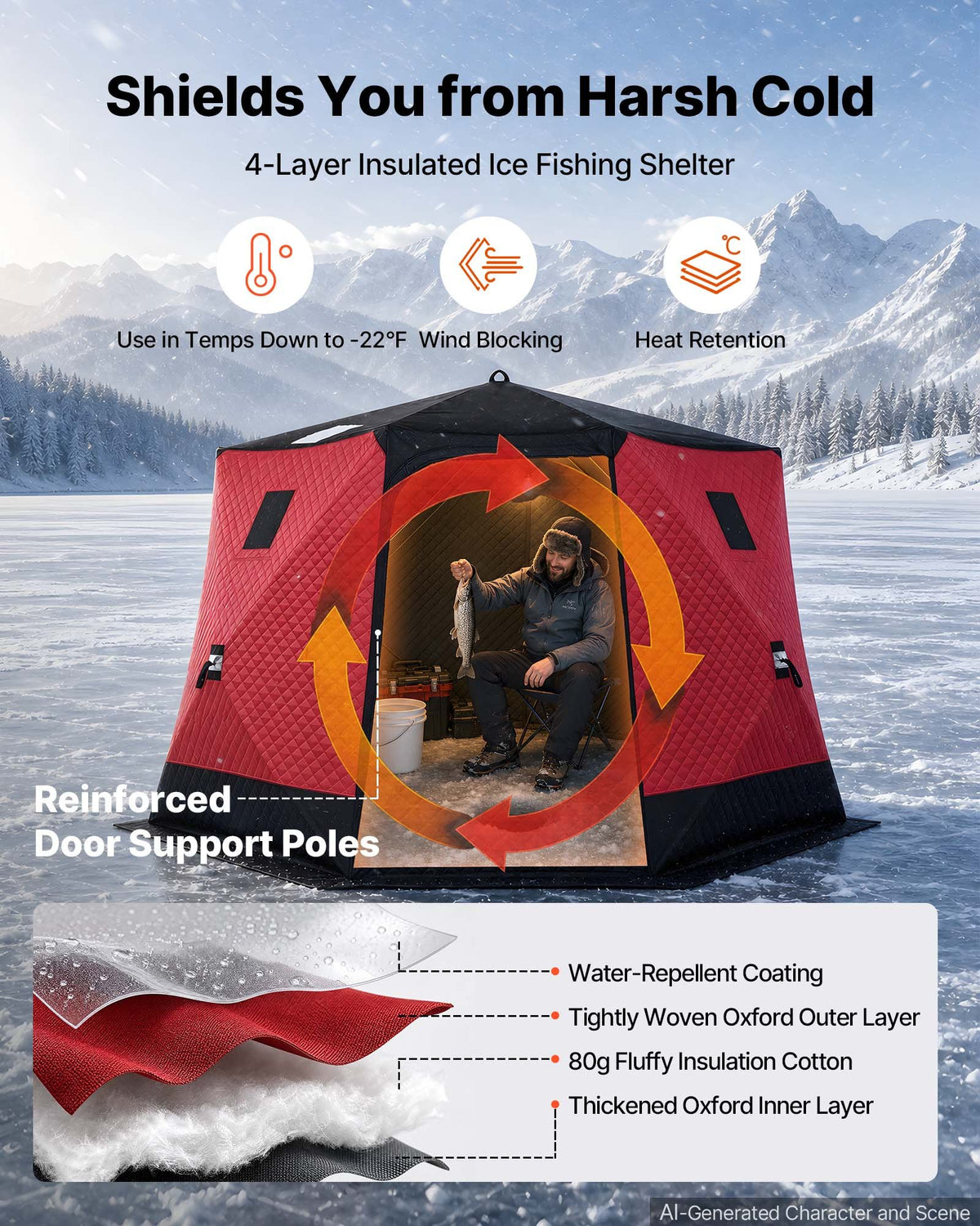 VEVOR Pop Up Ice Fishing Tent 6-8 Person 3.3 x 3.3 x 2 m Insulated Shelter, for Winter Fishing, 6.75 m² Area, 600D 4-Layer Fabric, Portable Hub-Style Shanty Cube with Anchors, Ropes, Carry Bag, Red