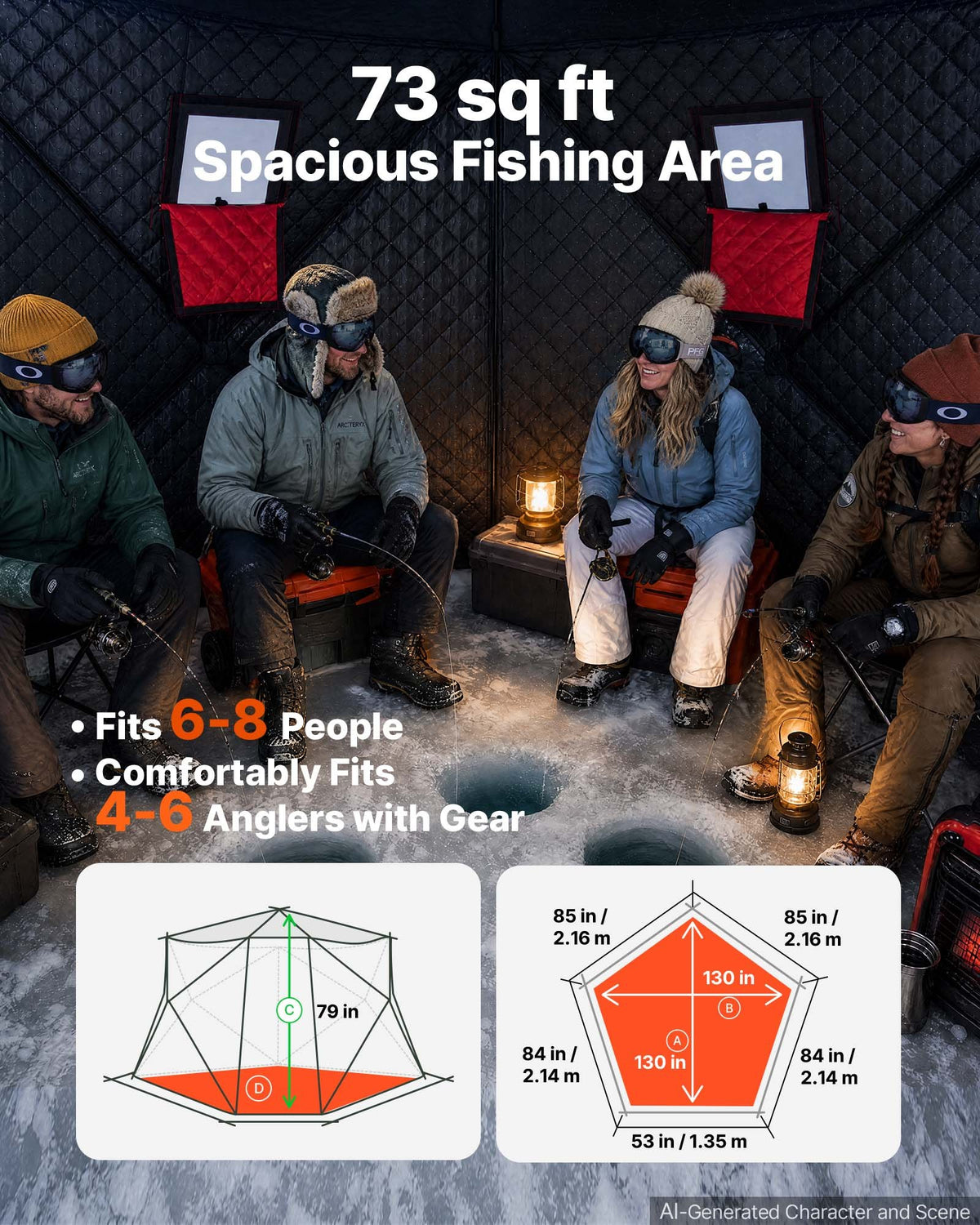 VEVOR Pop Up Ice Fishing Tent 6-8 Person 3.3 x 3.3 x 2 m Insulated Shelter, for Winter Fishing, 6.75 m² Area, 600D 4-Layer Fabric, Portable Hub-Style Shanty Cube with Anchors, Ropes, Carry Bag, Red