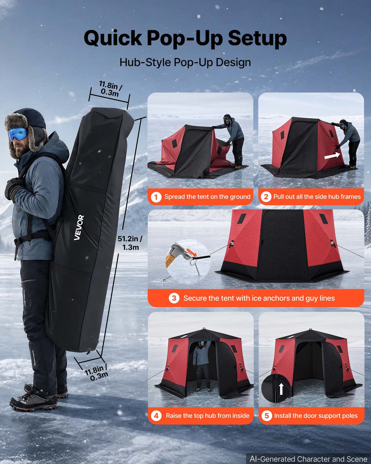 VEVOR Pop Up Ice Fishing Tent 6-8 Person 3.3 x 3.3 x 2 m Insulated Shelter, for Winter Fishing, 6.75 m² Area, 600D 4-Layer Fabric, Portable Hub-Style Shanty Cube with Anchors, Ropes, Carry Bag, Red