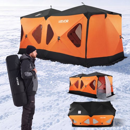 VEVOR Pop Up Ice Fishing Tent 8-10 Person 4.11x2.3x2.3 m Insulated Shelter, for Winter Fishing, 10.7 m² Area, 600D 4-Layer Fabric, Portable Hub-Style Shanty Cube with Anchors, Ropes & Carrying Bag