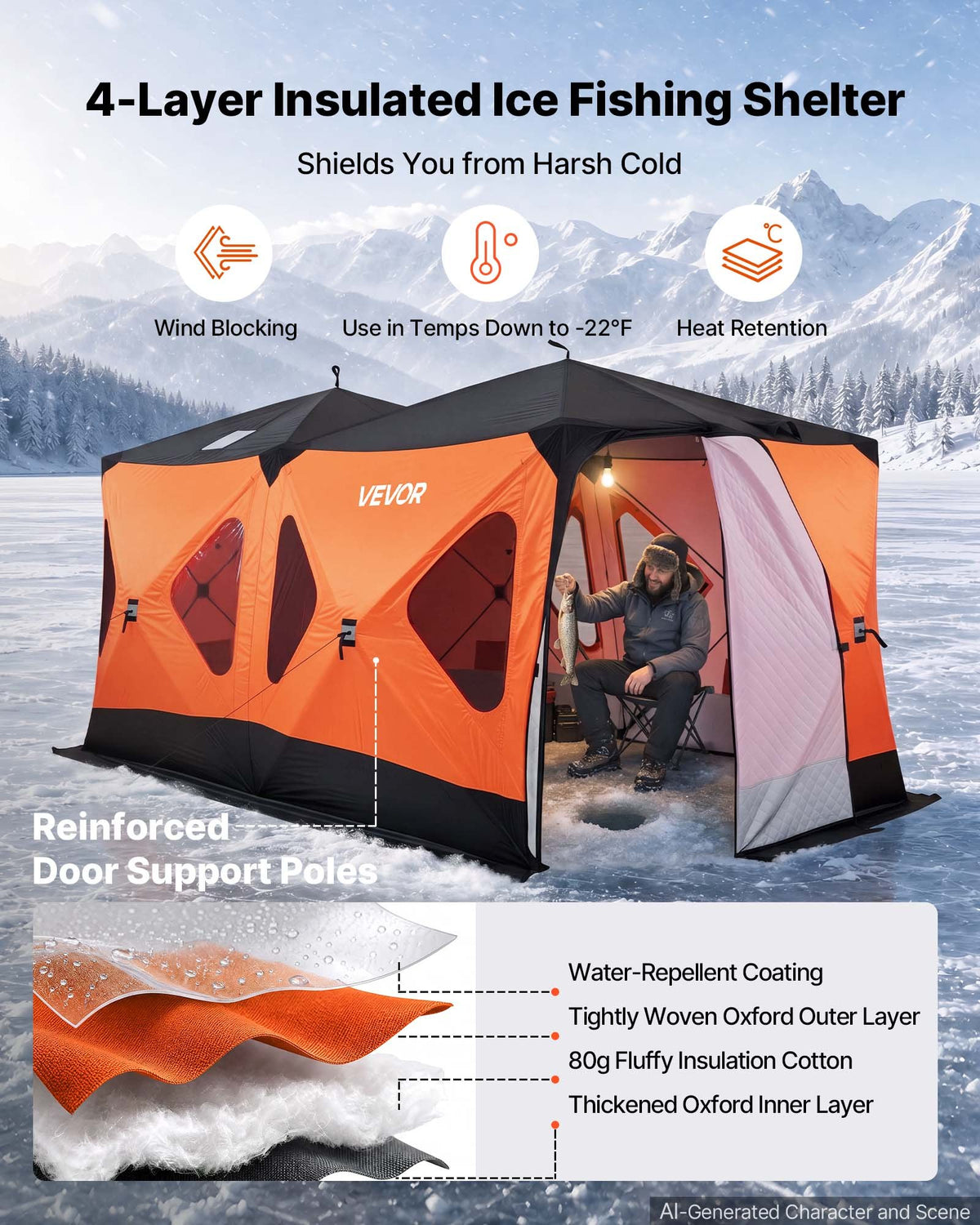 VEVOR Pop Up Ice Fishing Tent 8-10 Person 4.11x2.3x2.3 m Insulated Shelter, for Winter Fishing, 10.7 m² Area, 600D 4-Layer Fabric, Portable Hub-Style Shanty Cube with Anchors, Ropes & Carrying Bag