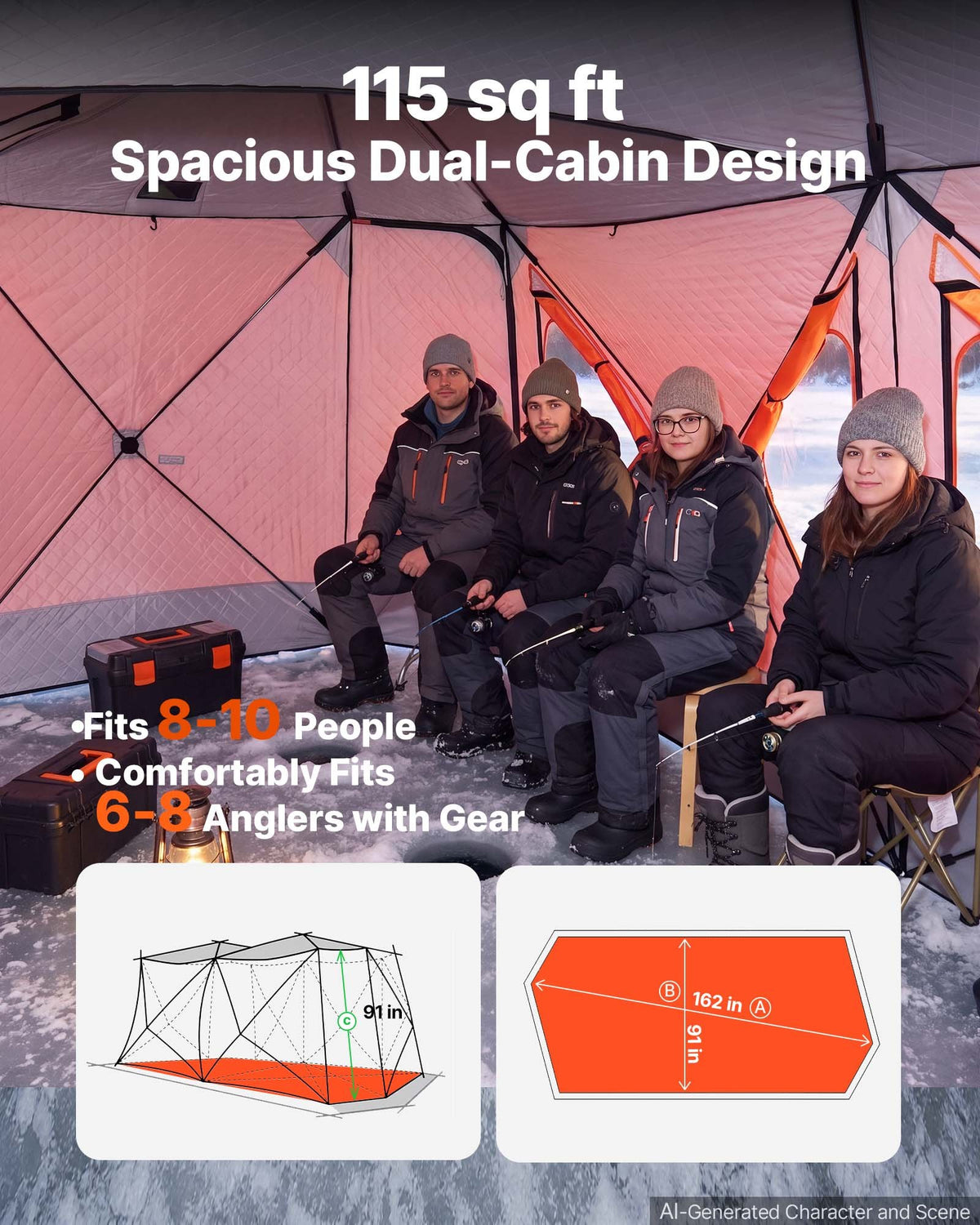 VEVOR Pop Up Ice Fishing Tent 8-10 Person 4.11x2.3x2.3 m Insulated Shelter, for Winter Fishing, 10.7 m² Area, 600D 4-Layer Fabric, Portable Hub-Style Shanty Cube with Anchors, Ropes & Carrying Bag