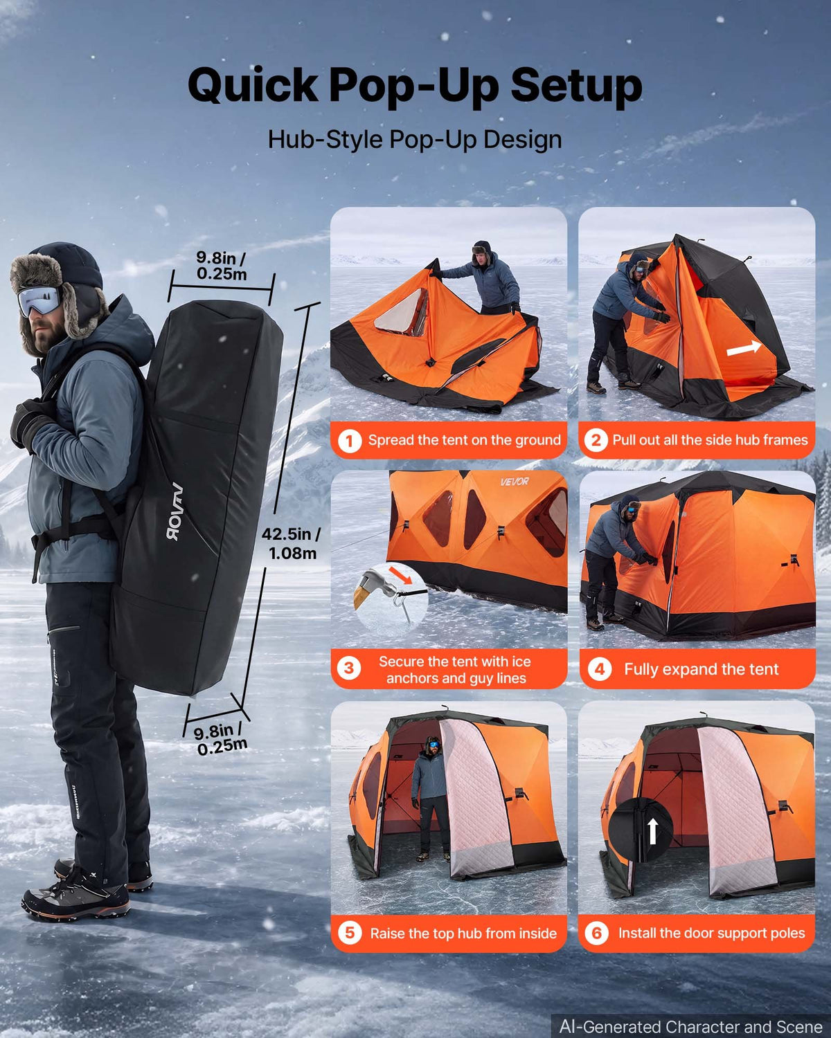 VEVOR Pop Up Ice Fishing Tent 8-10 Person 4.11x2.3x2.3 m Insulated Shelter, for Winter Fishing, 10.7 m² Area, 600D 4-Layer Fabric, Portable Hub-Style Shanty Cube with Anchors, Ropes & Carrying Bag