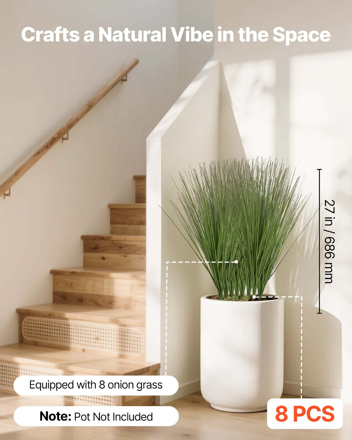 VEVOR Artificial Grass Plant, 686mm Faux Onion Grass Fake Greenery Shrubs Plant, Premium PVC for Indoor Outdoor House Home Garden Office Room Décor, Housewarming, 8 Pack Green
