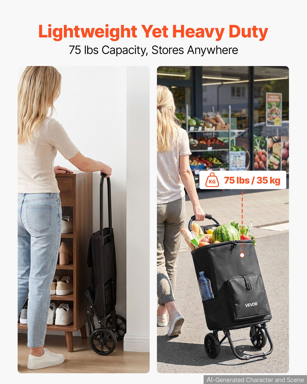 VEVOR Shopping Cart with Wheels Foldable Trolley Dolly for Groceries Black, 2-in-1 Rolling Utility Cart with Detachable Bag, Soft Foam Handle, Storage Compartments, Compact for Market Laundry Camping