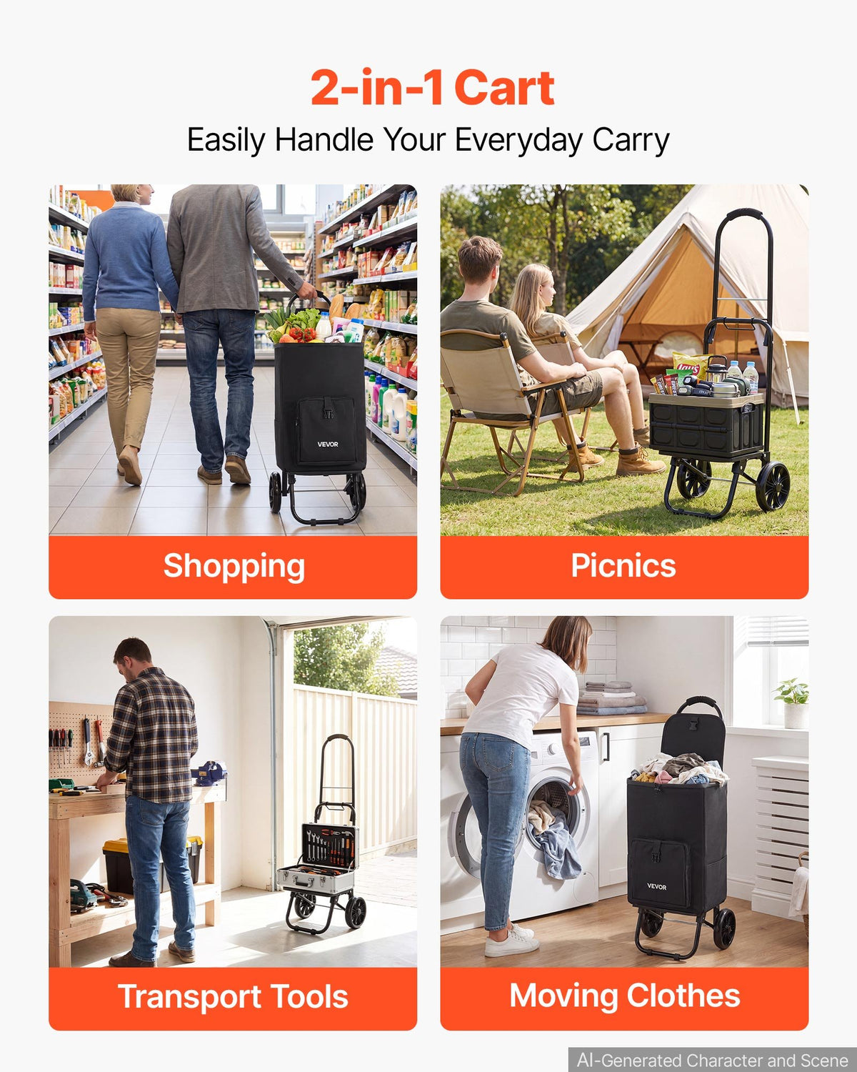 VEVOR Shopping Cart with Wheels Foldable Trolley Dolly for Groceries Black, 2-in-1 Rolling Utility Cart with Detachable Bag, Soft Foam Handle, Storage Compartments, Compact for Market Laundry Camping