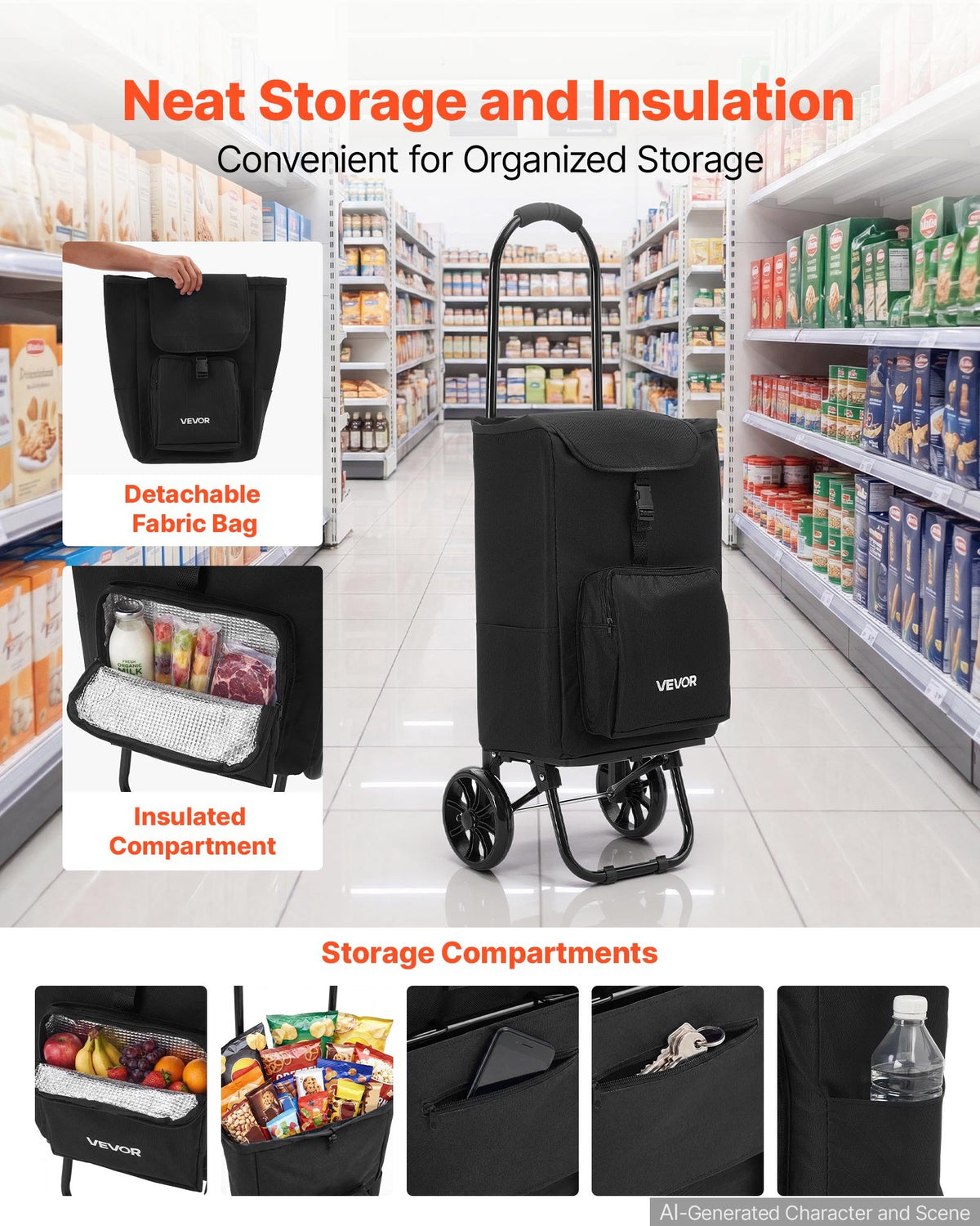 VEVOR Shopping Cart with Wheels Foldable Trolley Dolly for Groceries Black, 2-in-1 Rolling Utility Cart with Detachable Bag, Soft Foam Handle, Storage Compartments, Compact for Market Laundry Camping