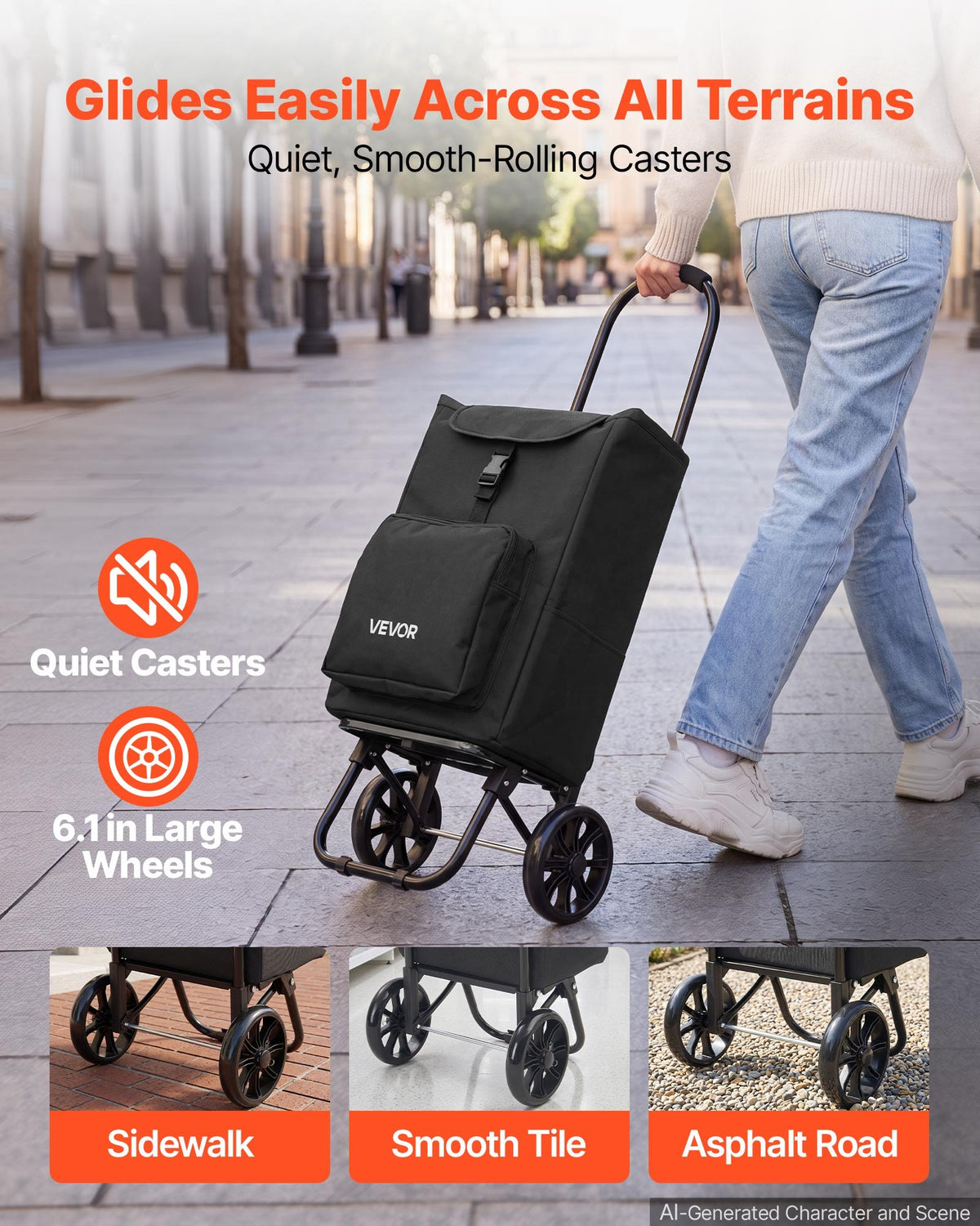VEVOR Shopping Cart with Wheels Foldable Trolley Dolly for Groceries Black, 2-in-1 Rolling Utility Cart with Detachable Bag, Soft Foam Handle, Storage Compartments, Compact for Market Laundry Camping