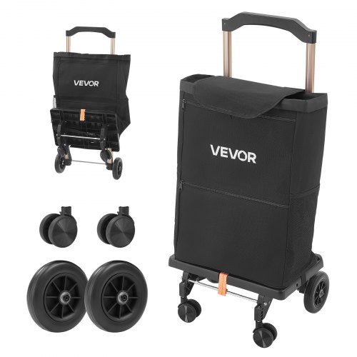 VEVOR Shopping Cart with 4 Wheels Foldable Trolley Dolly for Grocery Black, 2-in-1 Rolling Utility Cart, Detachable Bag, Telescopic Handle, Storage Compartments, Heavy-duty for Market Laundry Camping