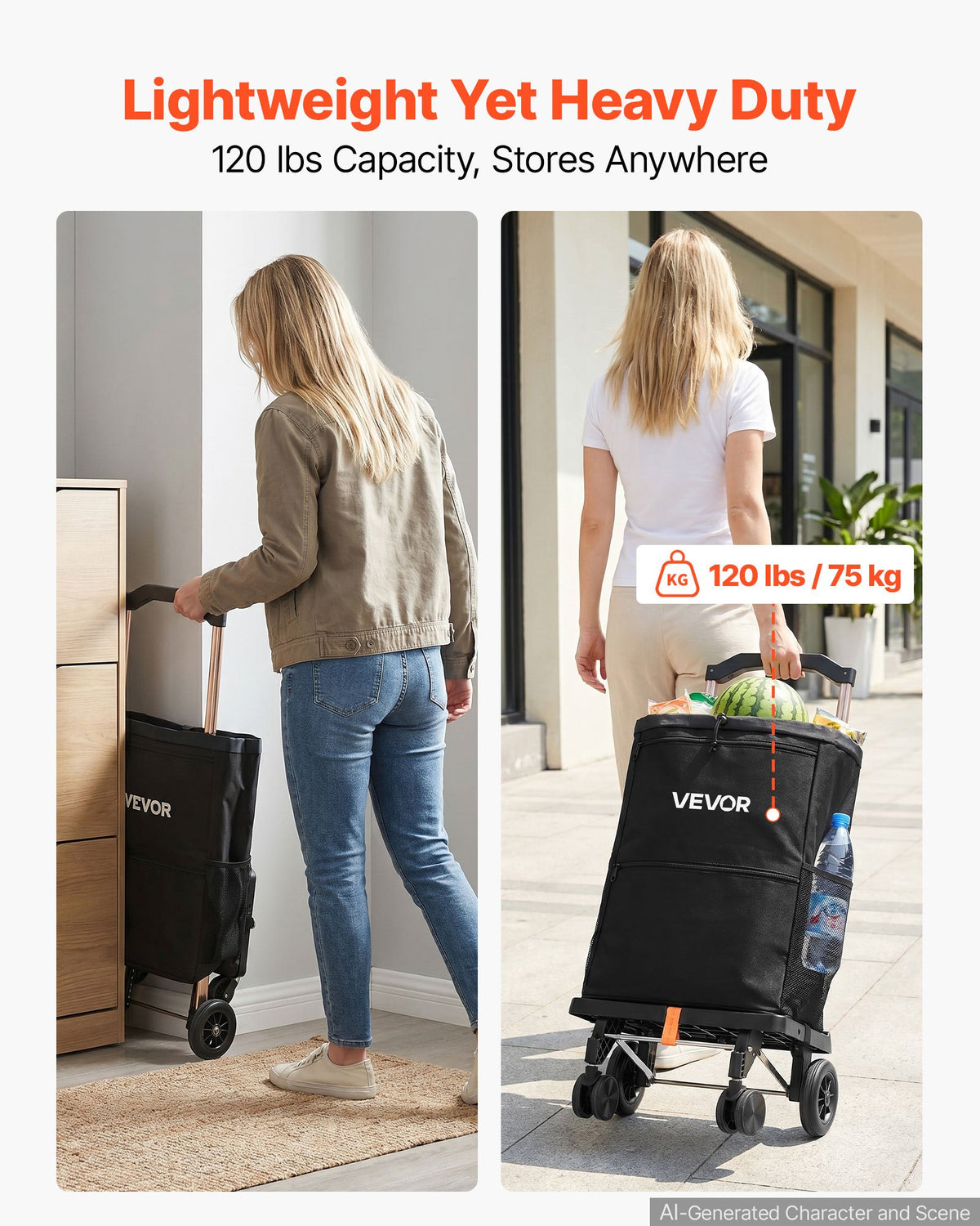 VEVOR Shopping Cart with 4 Wheels Foldable Trolley Dolly for Grocery Black, 2-in-1 Rolling Utility Cart, Detachable Bag, Telescopic Handle, Storage Compartments, Heavy-duty for Market Laundry Camping