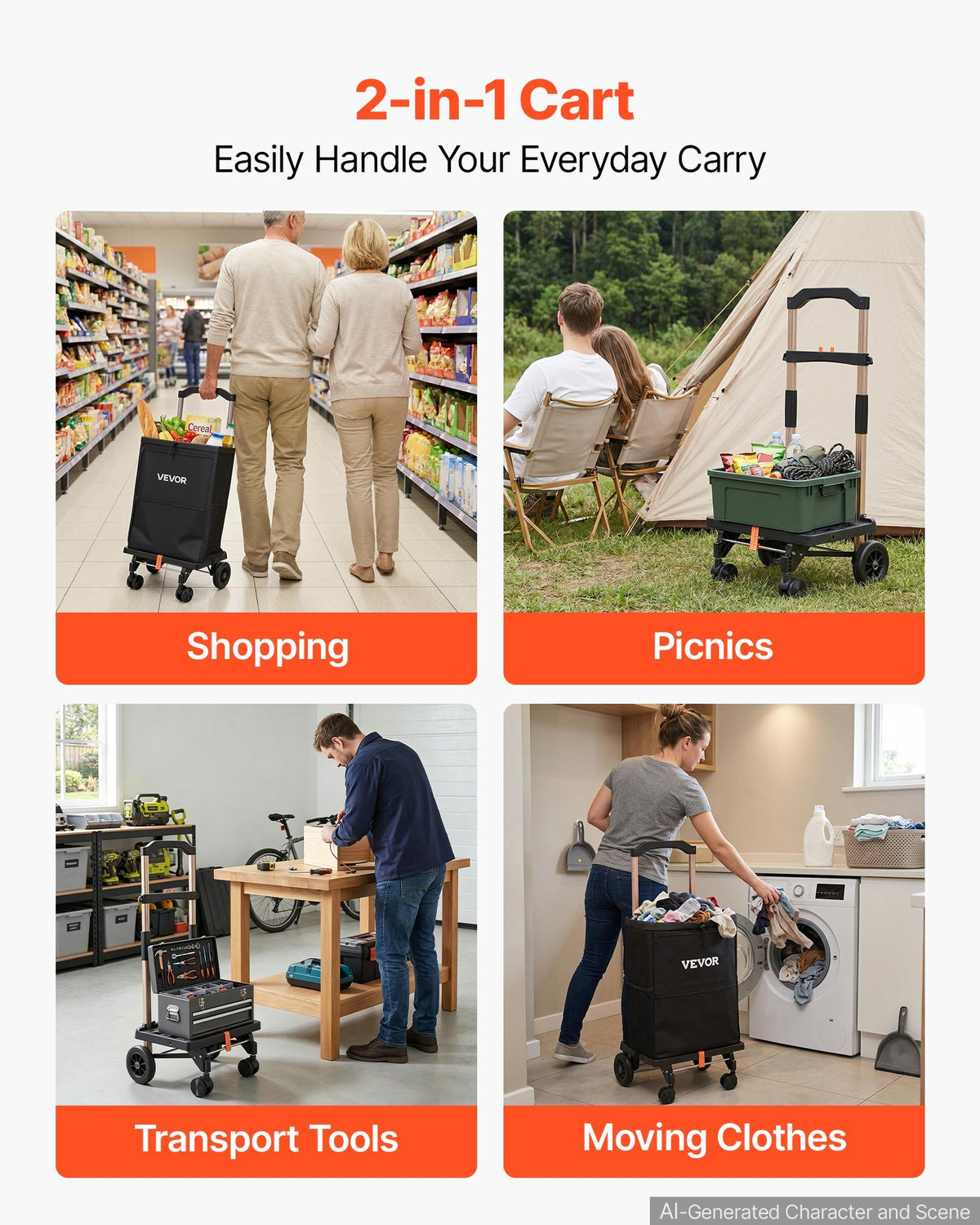 VEVOR Shopping Cart with 4 Wheels Foldable Trolley Dolly for Grocery Black, 2-in-1 Rolling Utility Cart, Detachable Bag, Telescopic Handle, Storage Compartments, Heavy-duty for Market Laundry Camping