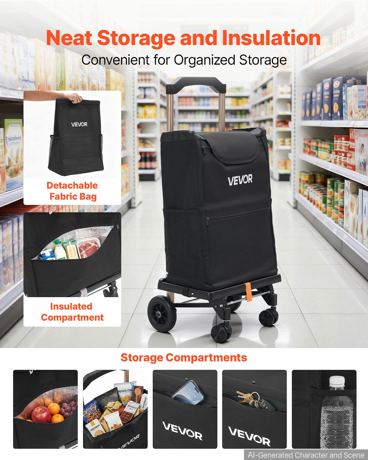 VEVOR Shopping Cart with 4 Wheels Foldable Trolley Dolly for Grocery Black, 2-in-1 Rolling Utility Cart, Detachable Bag, Telescopic Handle, Storage Compartments, Heavy-duty for Market Laundry Camping