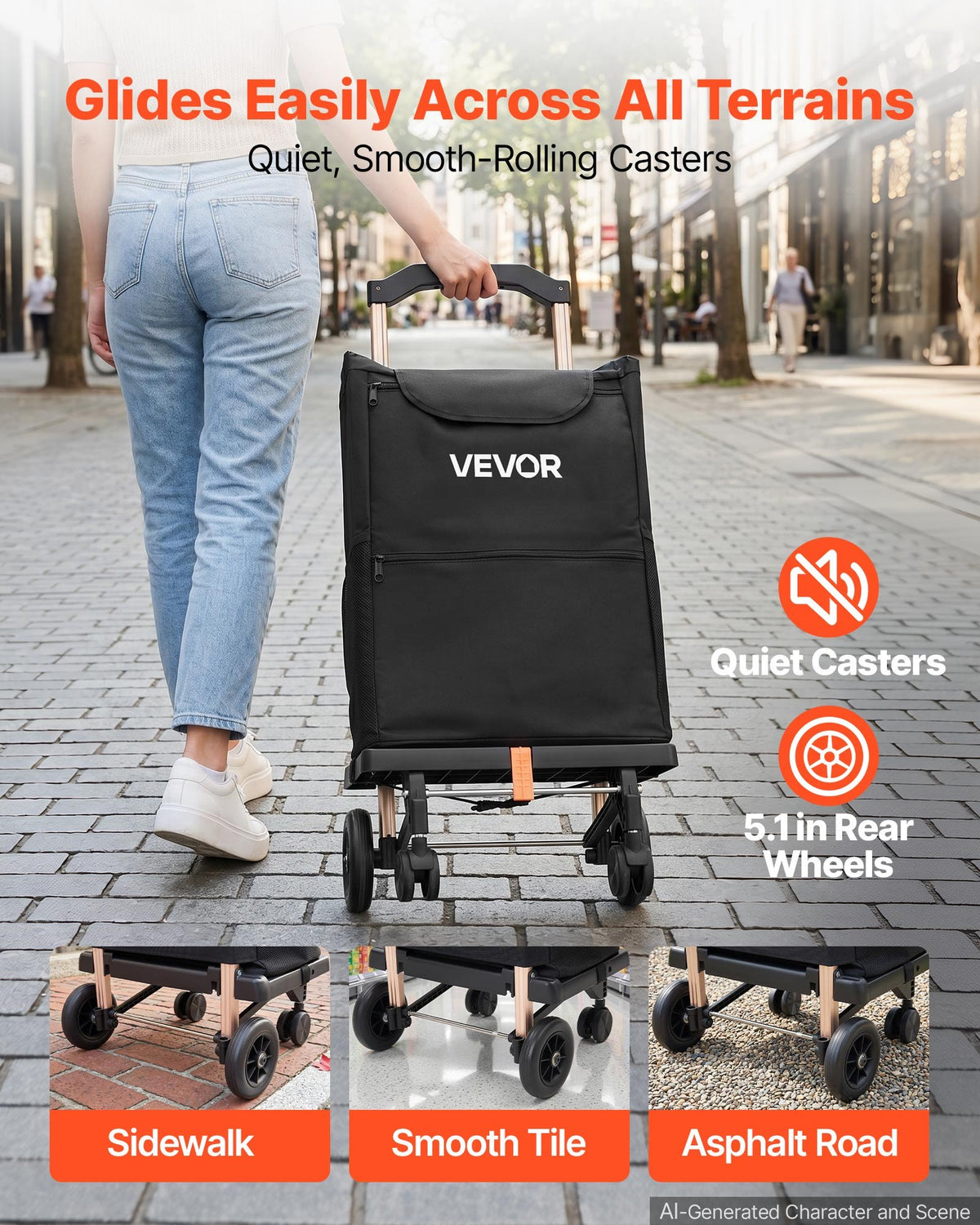 VEVOR Shopping Cart with 4 Wheels Foldable Trolley Dolly for Grocery Black, 2-in-1 Rolling Utility Cart, Detachable Bag, Telescopic Handle, Storage Compartments, Heavy-duty for Market Laundry Camping