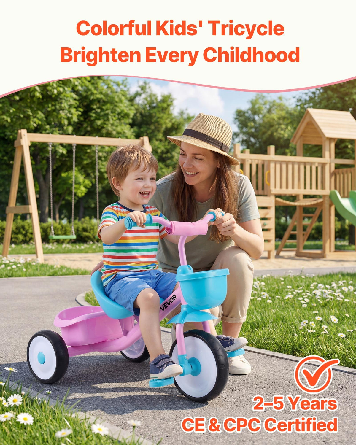 VEVOR Toddler Tricycle for 2-5 Year Old, Kids Trike with Adjustable Seat, Storage Basket, Carbon Steel Frame, Handlebar Grips for Outdoor Play, Tricycle for Toddlers, Birthday Toy for Boys and Girls