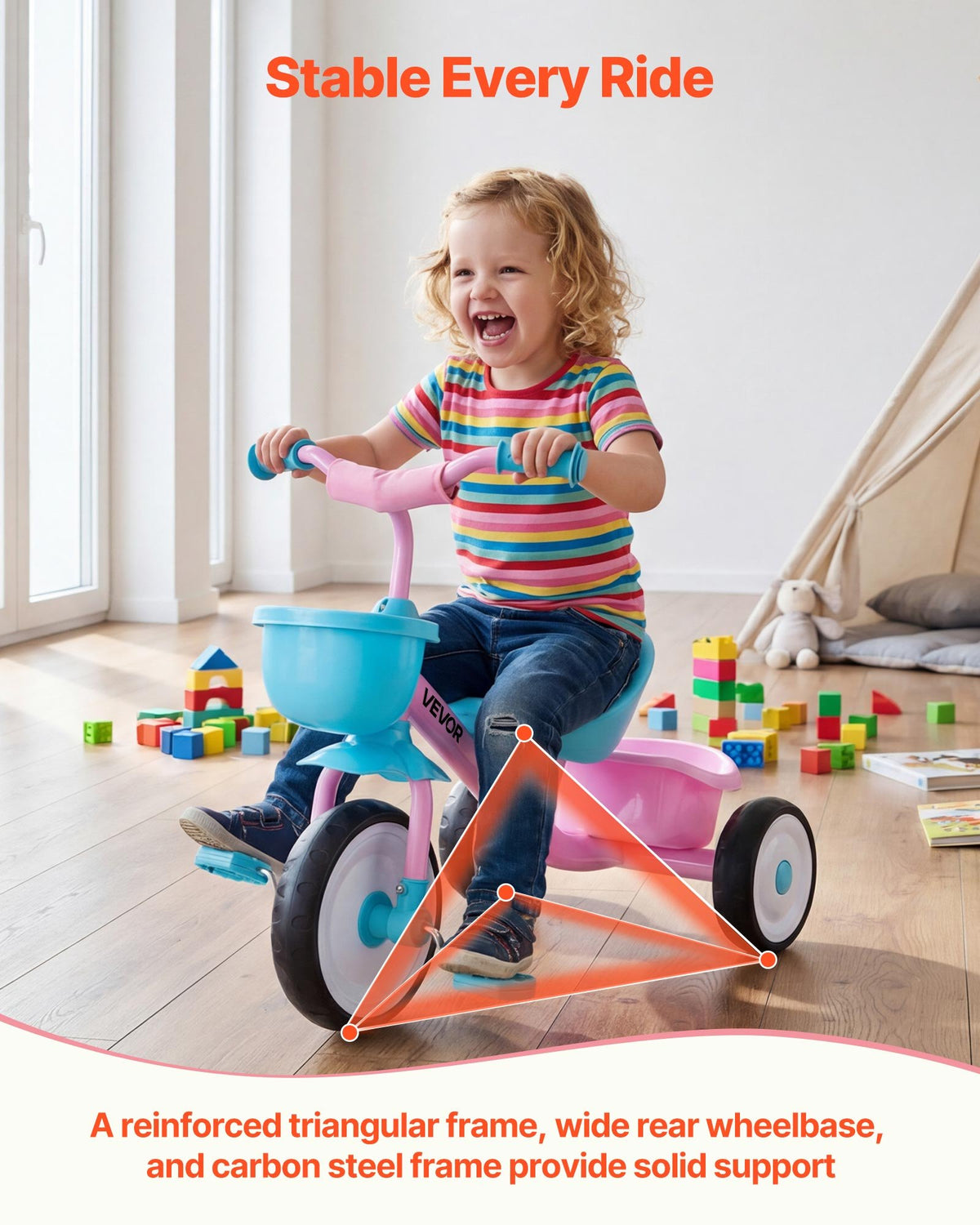 VEVOR Toddler Tricycle for 2-5 Year Old, Kids Trike with Adjustable Seat, Storage Basket, Carbon Steel Frame, Handlebar Grips for Outdoor Play, Tricycle for Toddlers, Birthday Toy for Boys and Girls