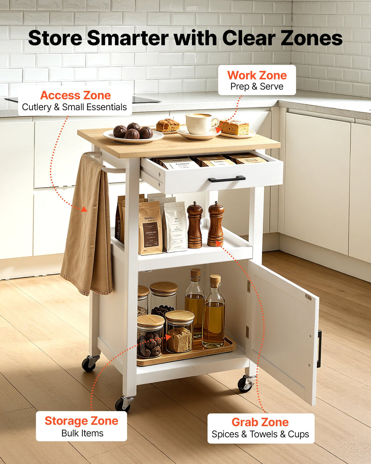 VEVOR Kitchen Island Cart with Single Door Cabinet, Mobile Carts with Drawer, Towel Rack, Hooks, Portable Table on Swivel Wheels, Small Coffee Islands Microwave Stand for Dining Room, 45x59cm, White