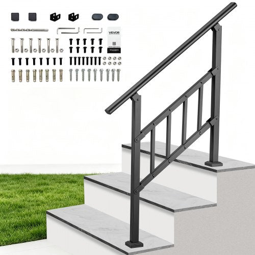 VEVOR Handrails for Outdoor Steps, 2-3 Step Stair Hand Rail Kit, Black, Flat Tube Stair Rails with Crossbar, for Seniors, Concrete Steps, Porch & Deck, Carbon Steel Railings with Installation Kit