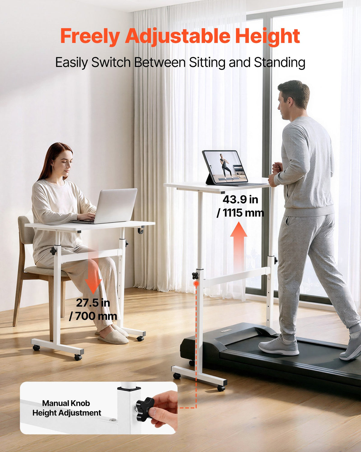 VEVOR Standing Desk, Adjustable Height Mobile Stand Up Desk with Lockable Casters, 810 x 410 mm Small Computer Sit Stand Rolling Workstation with Hook, 25 kg Desktop Capacity, for Home Office, White