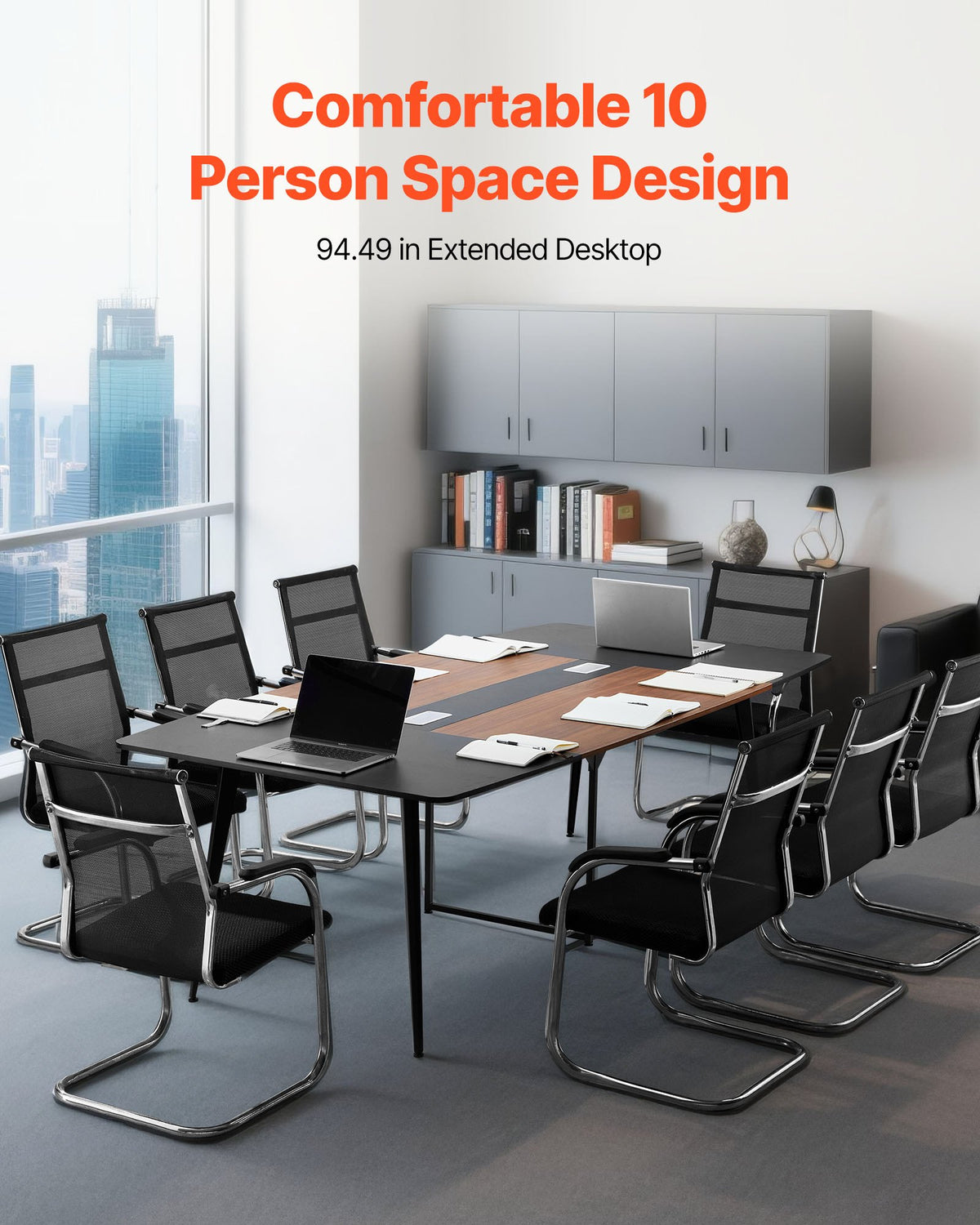 VEVOR Conference Table, 2400 mm Boat Shaped Office Meeting Table for 10 Person, Modern Large Boat Meeting Desk with Metal Legs, for Office, Boardroom, Conference Room, Easy Assembly, Black & Brown
