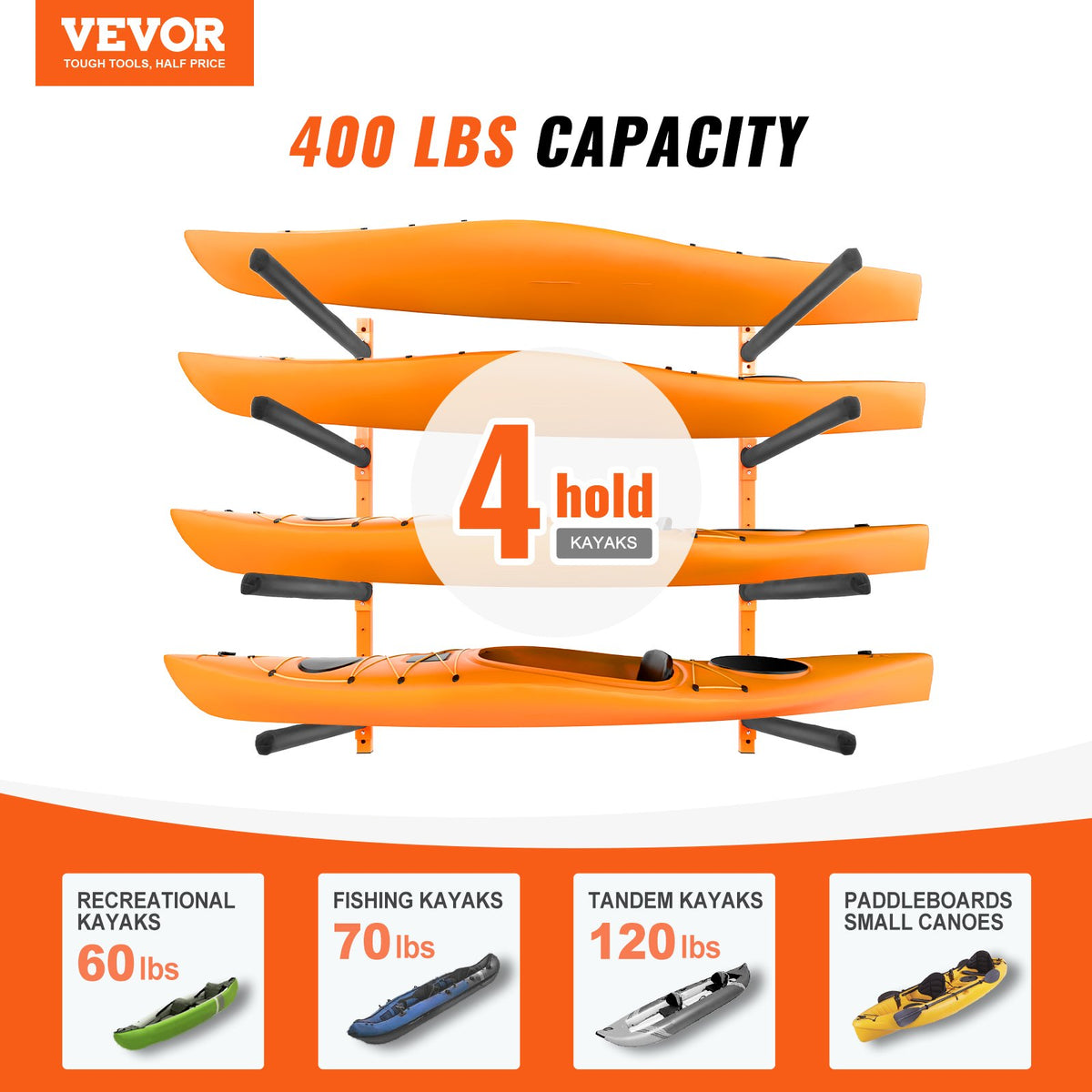 VEVOR Wall Kayak Storage Rack, 4-Capacity Wall Mounted Kayak Holders for Kayak Canoe Paddle Board, Kayak Storage Hooks with Adjustable Padded Arms, 181.4 kg Load Kayak Hanger for Indoor Outdoor Garage
