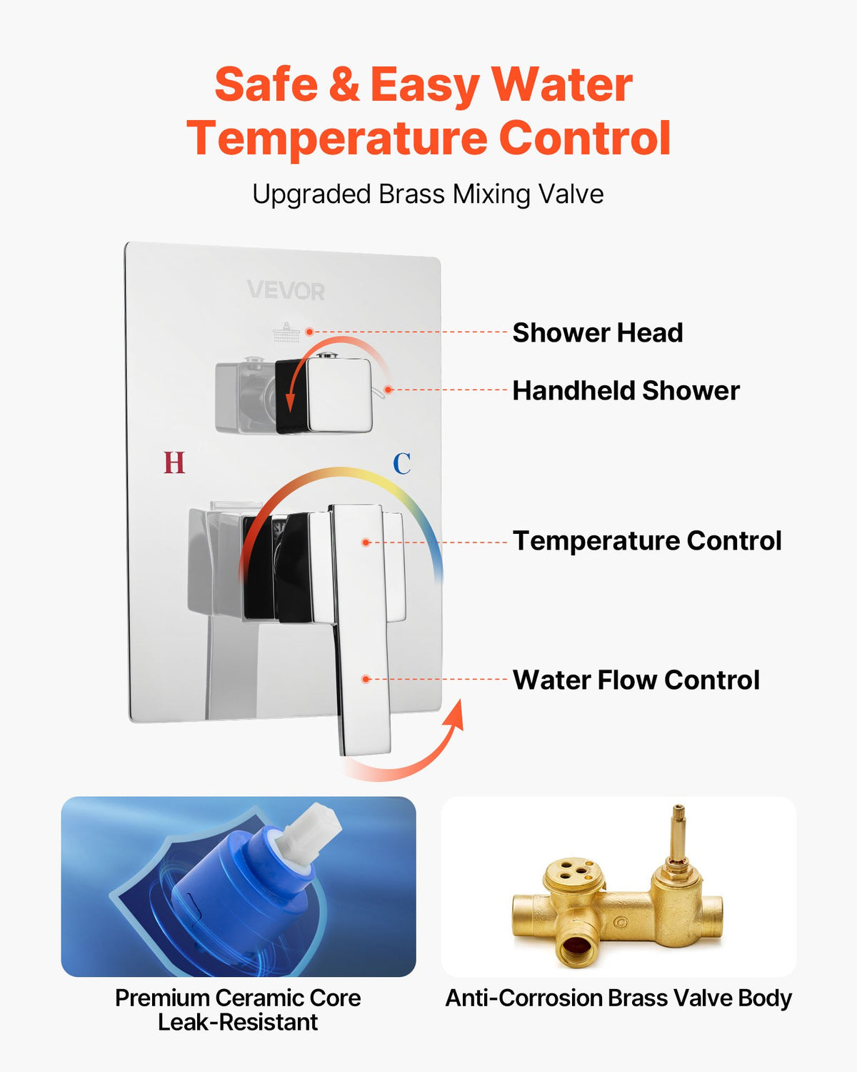 VEVOR Shower Faucet Set, Rainfall Bathroom Shower System with 10-Inch (25.4cm) Square Rain Shower Head and Handheld Spray, Wall Mounted Bath Fixtures with Brass Valve and Trim Kit, Silver Chrome
