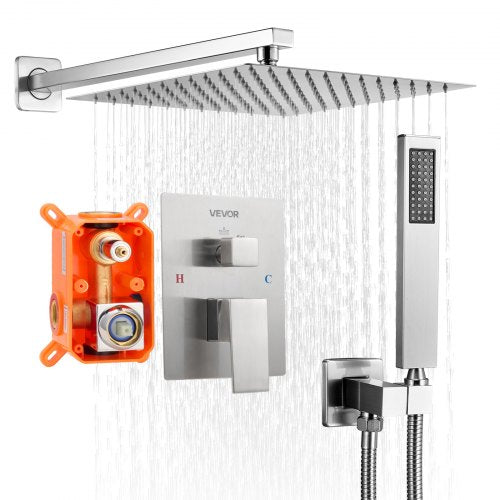 VEVOR Shower Faucet Set, Rainfall Bathroom Shower System with 10-Inch (25.4cm) Square Rain Shower Head and Handheld Spray, Wall Mounted Bath Fixtures with Brass Valve and Trim Kit, Brushed Nickel