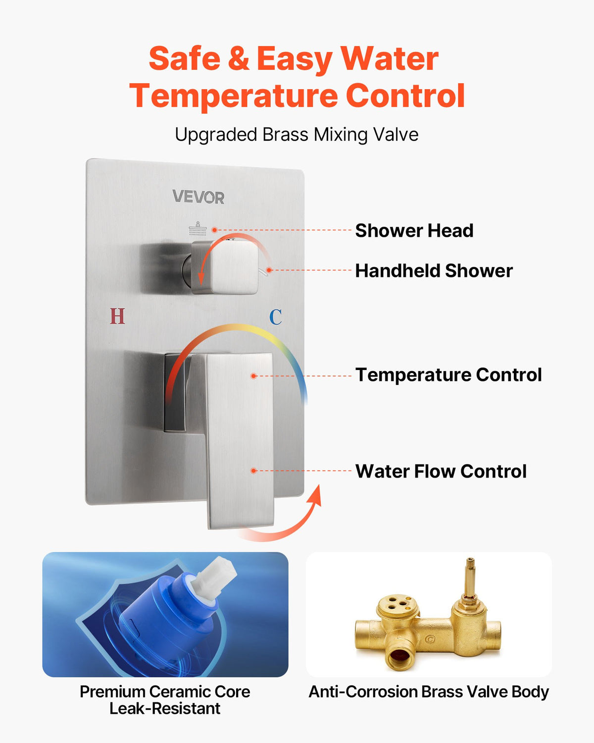 VEVOR Shower Faucet Set, Rainfall Bathroom Shower System with 10-Inch (25.4cm) Square Rain Shower Head and Handheld Spray, Wall Mounted Bath Fixtures with Brass Valve and Trim Kit, Brushed Nickel