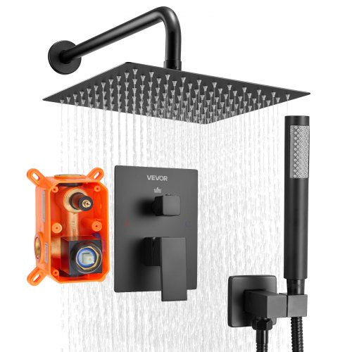 VEVOR Shower Faucet Set, Rainfall Bathroom Shower System with 10-Inch (25.4cm) Square Rain Shower Head and Handheld Spray, Wall Mounted Bath Fixtures with Brass Valve and Trim Kit, Matte Black