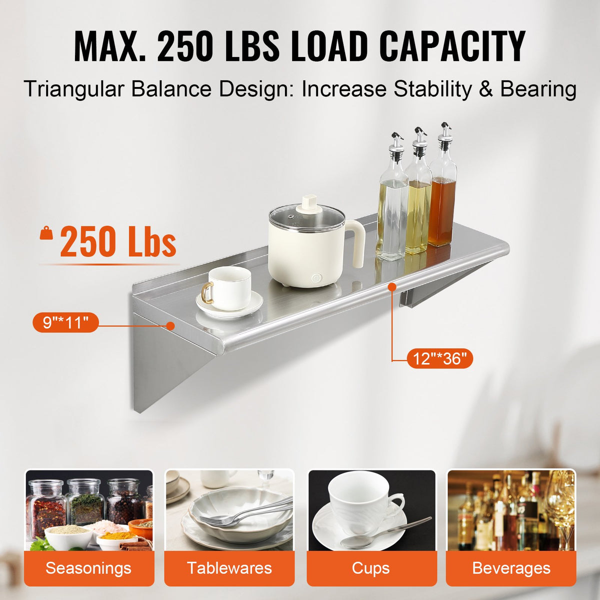 VEVOR 30.5 x 91.4 cm Stainless Steel Shelf