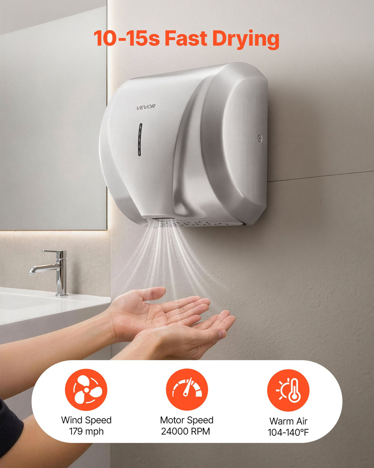 VEVOR Hand Dryer, 1800W Bathroom Air Hand Dryer, Automatic High Speed with HEPA Filter, Fast Drying, Heavy Duty Brushed Stainless Steel, AC220-240V Commercial Wall Mounted for Restroom, Hotel, Office