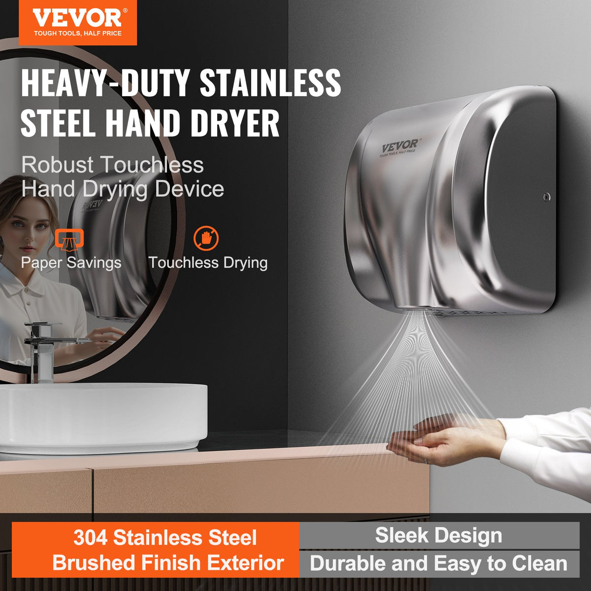 VEVOR Heavy Duty Commercial Hand Dryer, 1800W Automatic High Speed Stainless Steel Warm Wind Hand Blower, 220V-240V Plug In/Hardwired Two Power Options, Compliant for Industry Business Restrooms