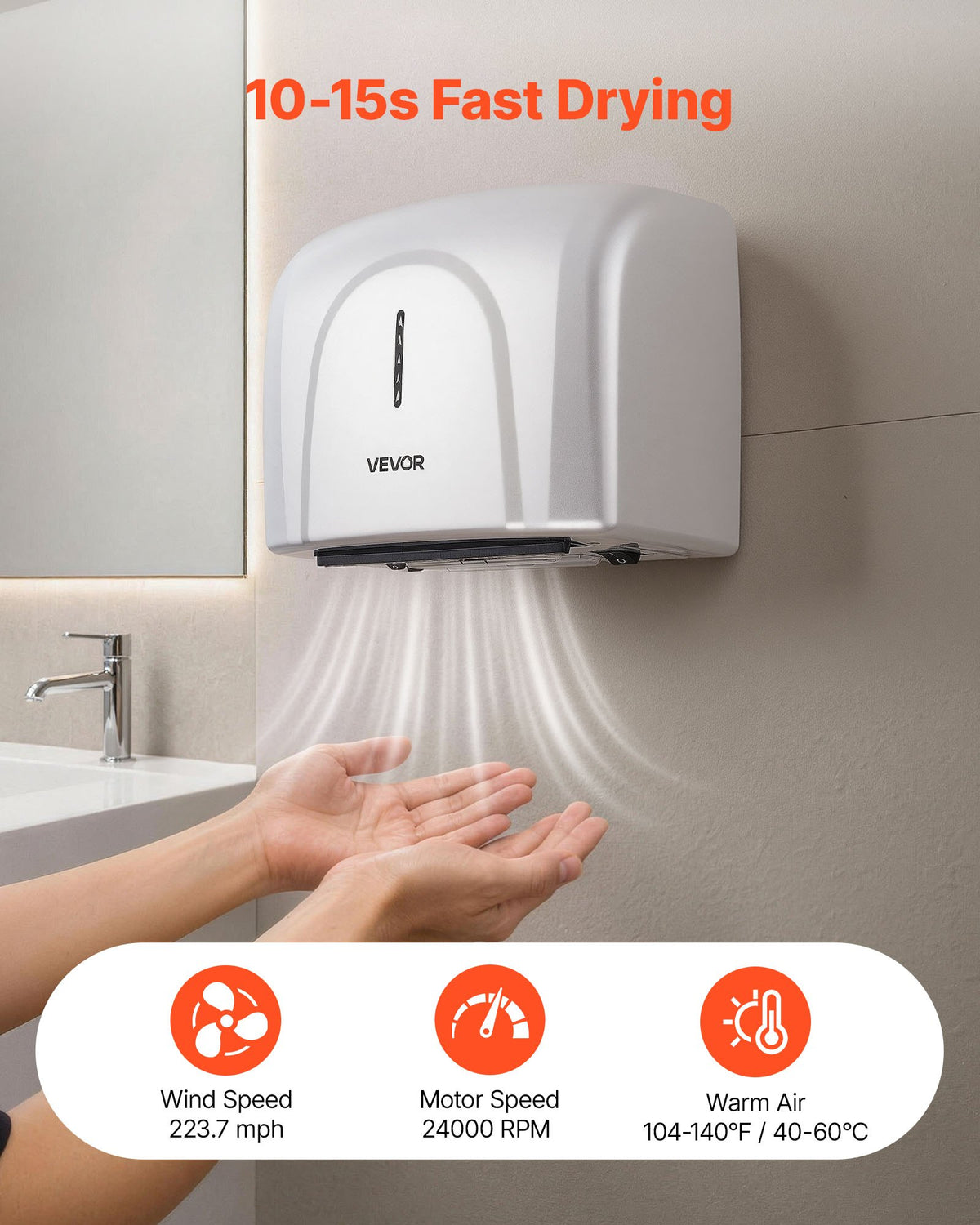 VEVOR Hand Dryer, 1300W Bathroom Air Hand Dryer, Automatic High Speed with HEPA Filter, Fast Drying, Premium ABS Construction, AC220-240V Commercial Wall Mounted for Home Bathroom, Guest Room,Homestay