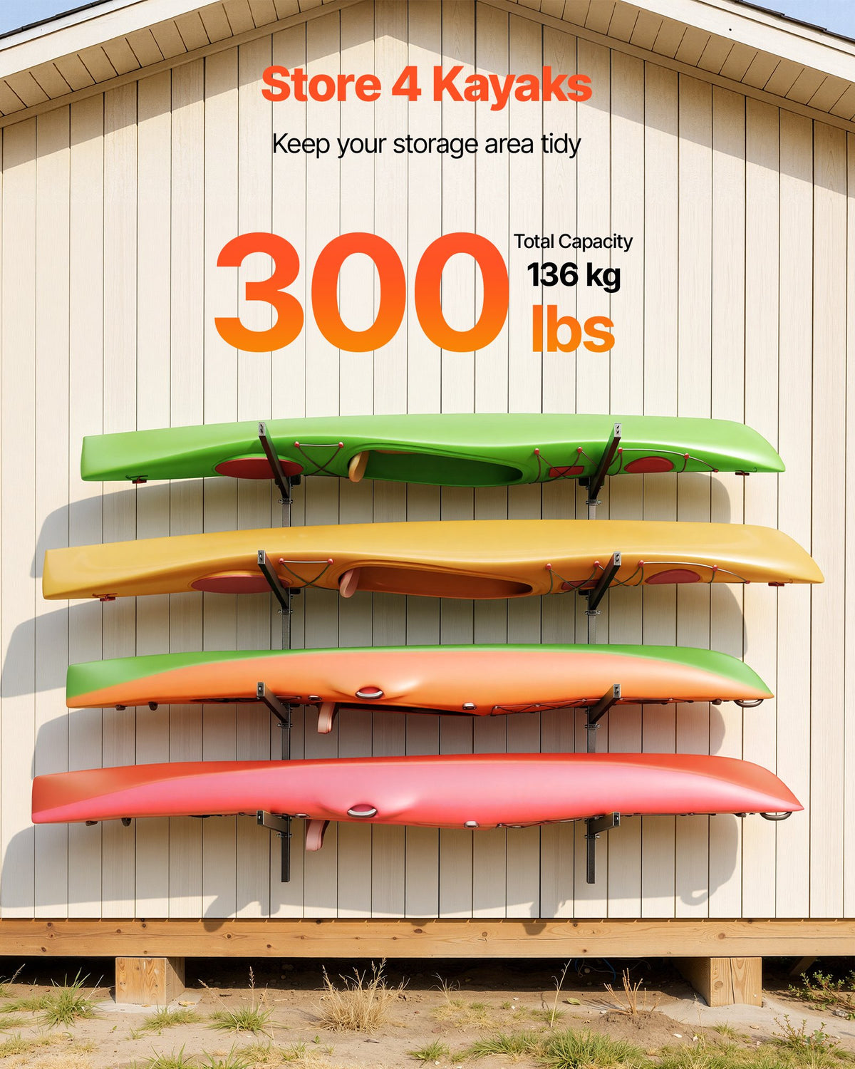 VEVOR Kayak Storage Rack for 4 Kayaks, Holds 136 kg, Heavy Duty Adjustable Wall Mount Stand for Indoor Outdoor Garage Shed Dock, Storage Holder for Canoe, Small Boat, SUP, Surfboard & Paddleboard