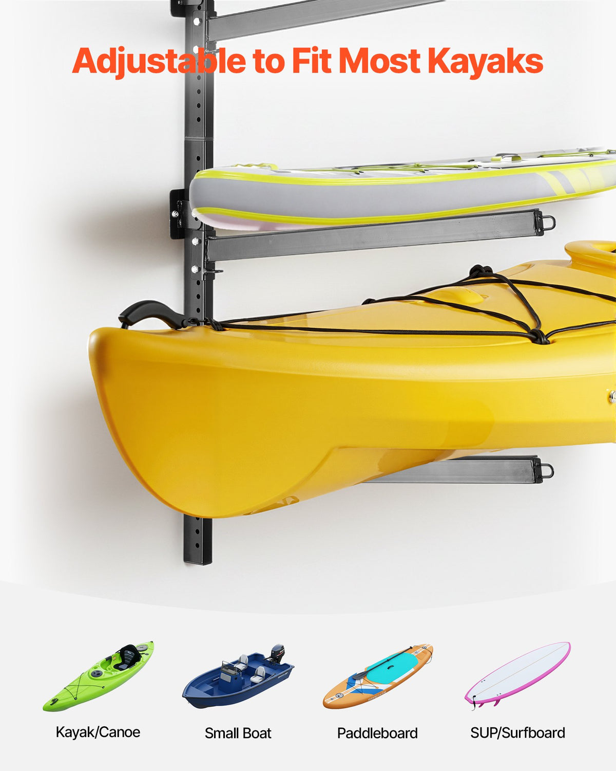 VEVOR Kayak Storage Rack for 4 Kayaks, Holds 136 kg, Heavy Duty Adjustable Wall Mount Stand for Indoor Outdoor Garage Shed Dock, Storage Holder for Canoe, Small Boat, SUP, Surfboard & Paddleboard